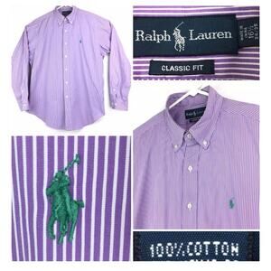 Ralph Lauren Purple Striped Dress Shirt Mens 16.5 Classic Fit Business Casual